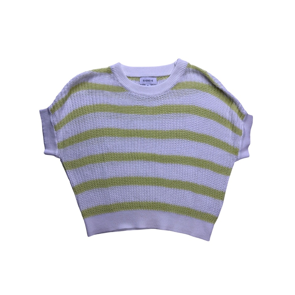 EVEREVE Short Sleeve Sweater Womens XS White Lime Striped Cotton Knit Pullover
